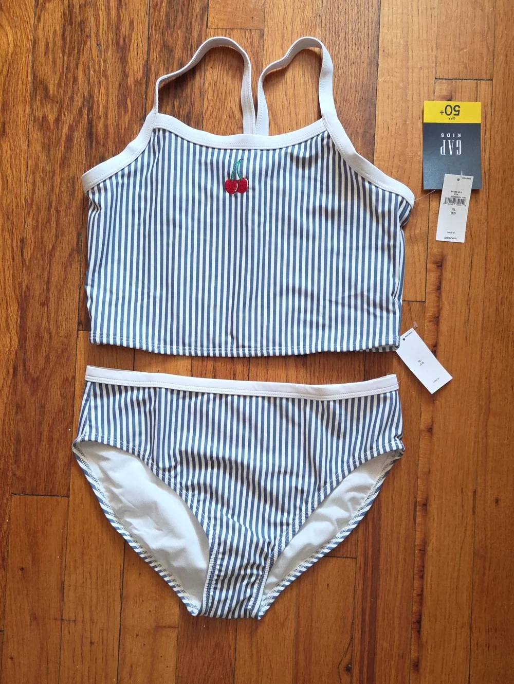 GAP Blue & White Striped Girls Two-Piece Swim Set with Cherry Patch - Picture 3 of 6